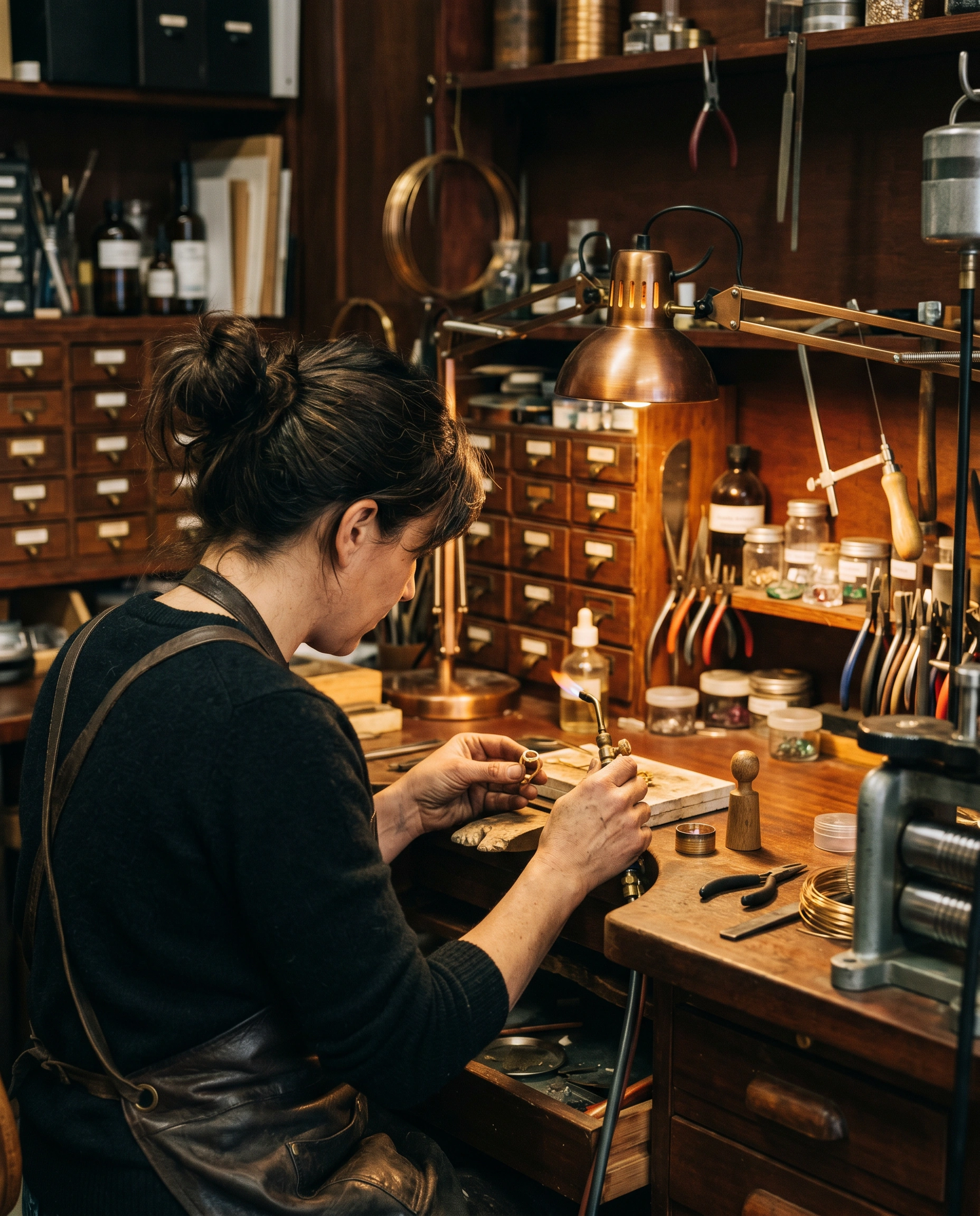 Goudsmid Gert Hovius aan de werkbank in zijn atelier
