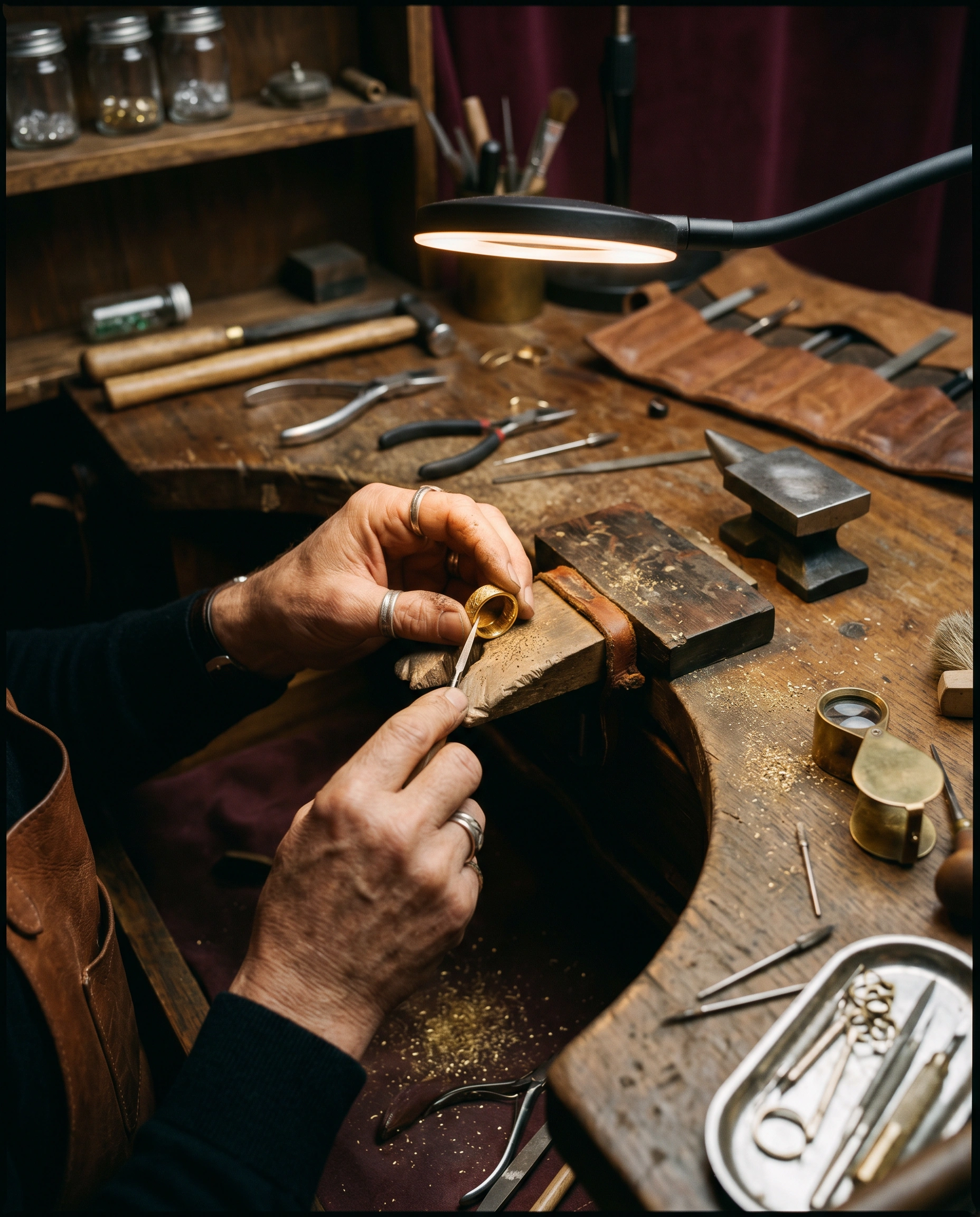 Goudsmid aan het werk aan een sieraad in het atelier
